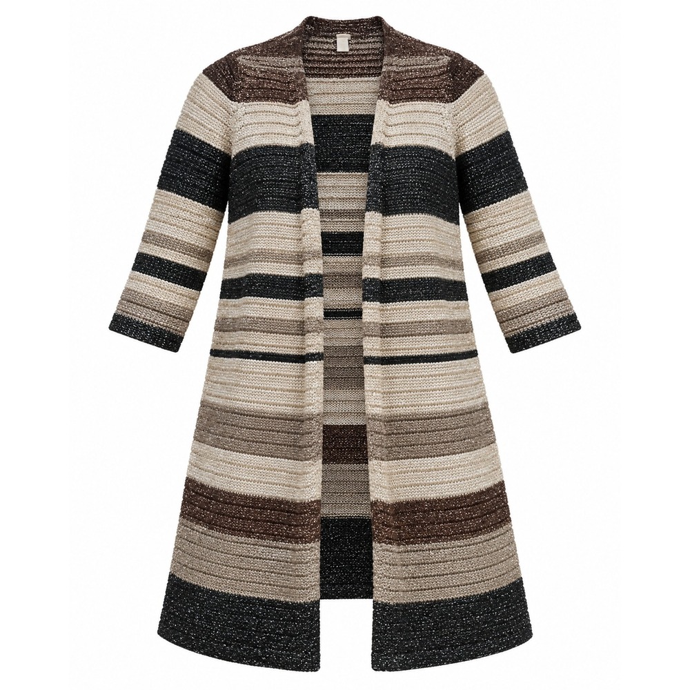 Chicos Metallic Striped Longline Cardigan Black Cream Brown Open Front Size 2 - Picture 1 of 7